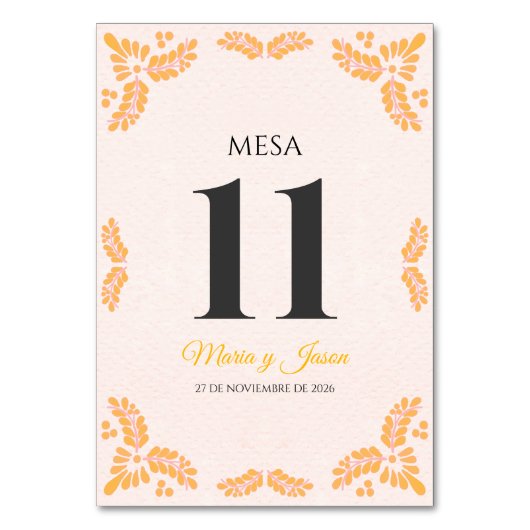 Talavera Yellow Floral Minimalist Spanish Wedding Tischnummer (Vorderseite)