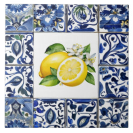 Talavera Zitronen Dunkelblau und Weiß Mediterran Fliese