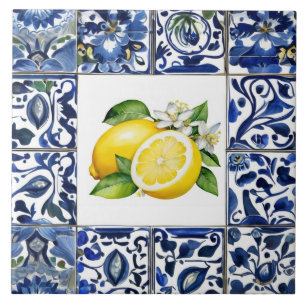 Talavera Zitronen Dunkelblau und Weiß Mediterran Fliese