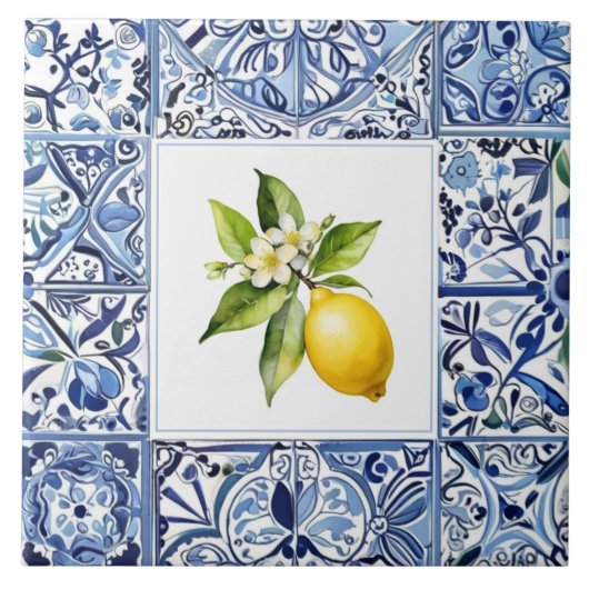 Talavera Zitronen Hellblau und Weiß Mediterran Fliese (Vorderseite)