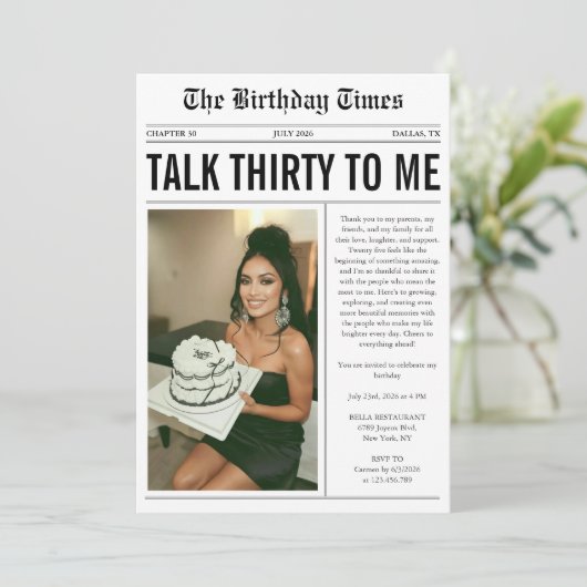 Talk Thirty To Me Newspaper 30th Birthday Einladung (Stehend Vorderseite)