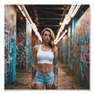 Tall Blonde Tattooed Girl in Denim Graffiti Tunnel Fotodruck