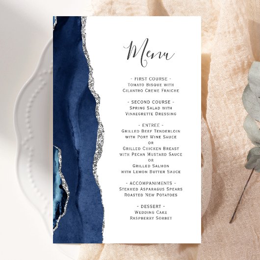 Tall Budget Agate Navy Blue Silver Wedding Menü