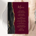 Tall Budget Black Gold Agate Burgundy Wedding Menü<br><div class="desc">Die links Seite dieses eleganten,  modernen Hochzeitsmenüs besticht durch einen schwarzen Aquarellrahmen,  der mit vergoldetem Imitat-Glitzer besticht. Der anpassbare Text kombiniert goldfarbene Handschrift-Skripte mit Copperplate-Schriftart auf bordeauxrotem Hintergrund. Auf der Rückseite ist ein passendes schwarz-goldfarbenes Agerat-Design zu sehen.</div>