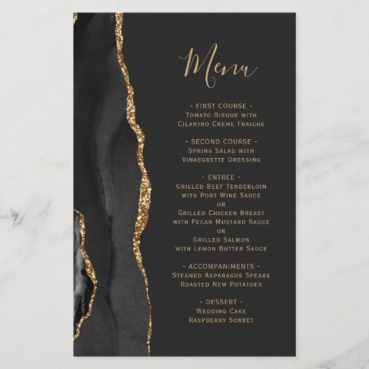 Tall Budget Black Gold Agate Dark Wedding Menü (Vorderseite)
