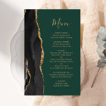 Tall Budget Black Gold Agate Green Wedding Menü<br><div class="desc">Die links Seite dieses eleganten,  modernen Hochzeitsmenüs besticht durch einen schwarzen Aquarellrahmen,  der mit vergoldetem Imitat-Glitzer besticht. Der anpassbare Text kombiniert goldfarbene Handschrift-Skripte mit Copperplate-Schriftart auf einem dunkelgrünen Hintergrund. Auf der Rückseite ist ein passendes schwarz-goldfarbenes Agerat-Design zu sehen.</div>