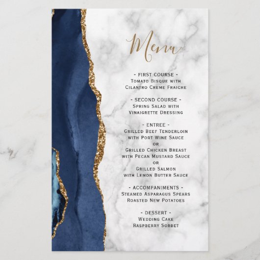 Tall Budget Navy Blue Agate Marble Wedding Menü (Vorderseite)