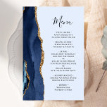 Tall Budget Navy Blue Gold Agate Wedding Menü<br><div class="desc">Die links Seite dieses eleganten,  modernen Hochzeitsmenüs besticht durch eine marineblau-blaue Aquarellgrenze,  die mit Imitaten mit goldenem Glitzer bestickt wurde. Der anpassbare Text kombiniert marineblaue Schrift- und Copperplate-Schriftart auf hellpastellblauem Hintergrund. Auf der Rückseite ist ein passendes marineblau-goldfarbenes Design zu sehen.</div>