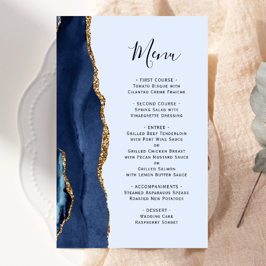 Tall Budget Navy Blue Gold Agate Wedding Menü
