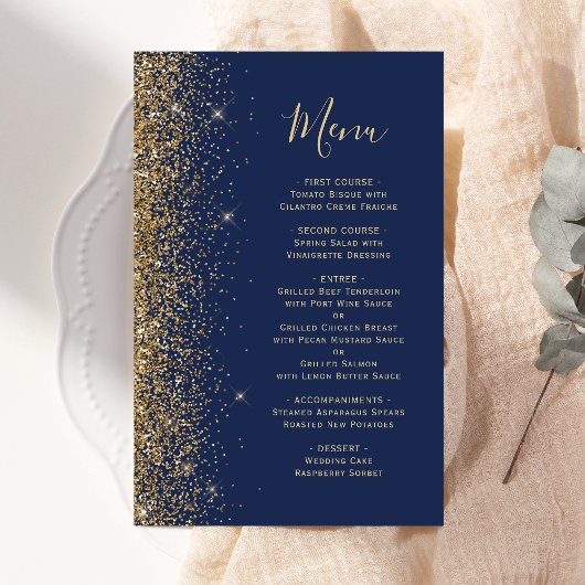 Tall Budget Navy Blue Gold Glitzer Wedding Menu