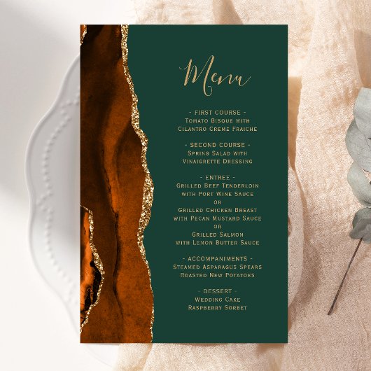 Tall Budget Rust Gold Agate Green Wedding Menü