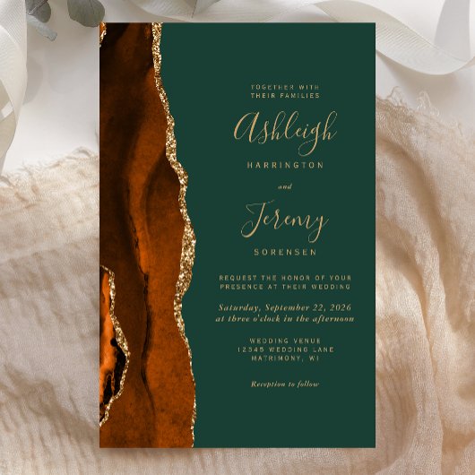 Tall Budget Rust Gold Green Wedding Einladung