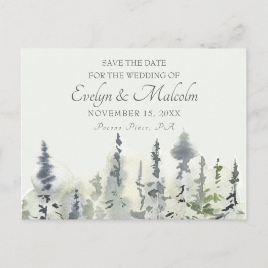 Tall Timber Watercolor Evergreen Trees Wedding Ankündigungspostkarte (Vorderseite)