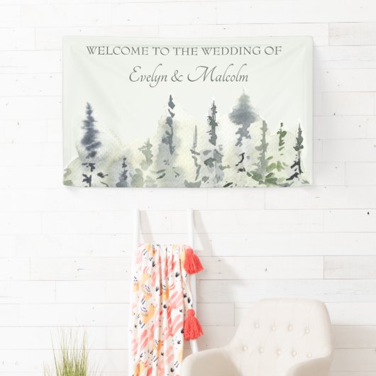 Tall Timber Watercolor Evergreen Trees Wedding Banner (Insitu)