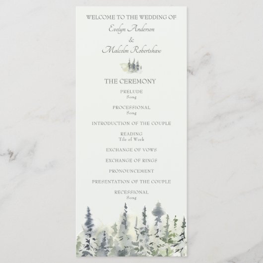 Tall Timber Watercolor Evergreen Trees Wedding Programm (Vorderseite)