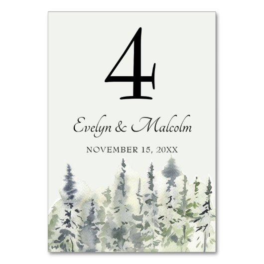 Tall Timber Watercolor Evergreen Trees Wedding Tischnummer (Vorderseite)