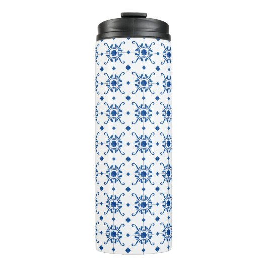 Tall, white travel mug with a black lid thermosbecher (Vorderseite)