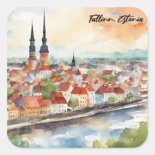 Tallinn Estland Aquarellmalerei Panorama  Quadratischer Aufkleber