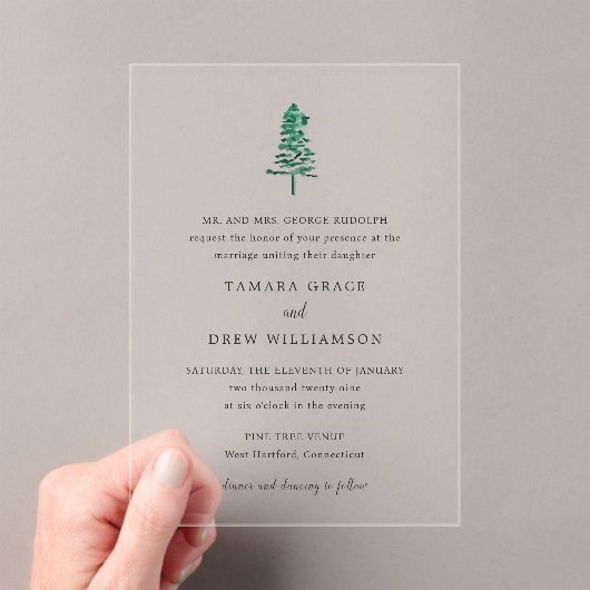 Tamara Pine Tree Moderne Hochzeit Acryleinladungen (Insitu (Handheld))