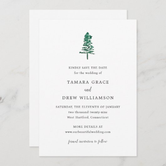 Tamara Pine Tree Moderne Hochzeit Save The Date (Vorne/Hinten)
