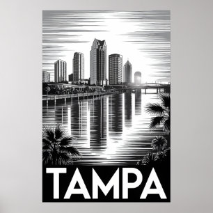 Tampa Florida Skyline Schwarz Weiß Holzschnitt Poster