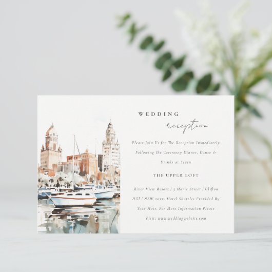 Tampa Florida Skyline Watercolor Hochzeitsempfang Begleitkarte (Stehend Vorderseite)