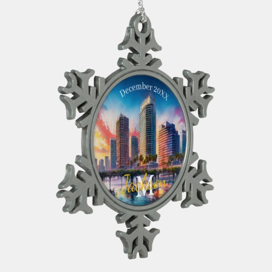 Tampa Skyline Snowflake Pewter Weihnachtsschmuck Schneeflocken Zinn-Ornament (Links)