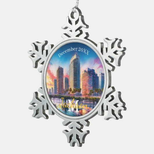 Tampa Skyline Snowflake Pewter Weihnachtsschmuck Schneeflocken Zinn-Ornament (Rechts)