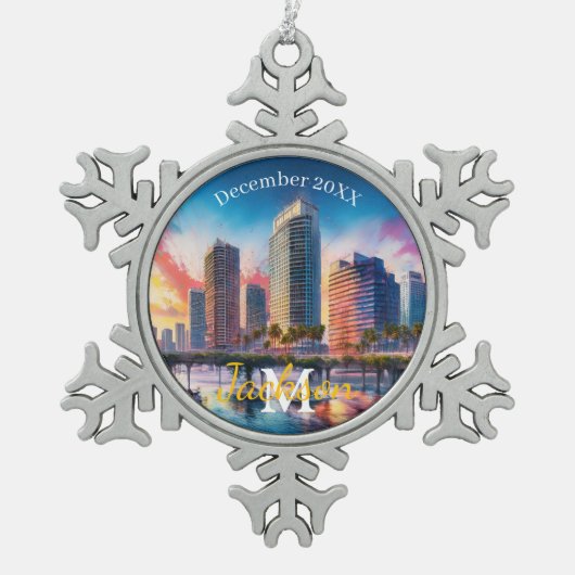 Tampa Skyline Snowflake Pewter Weihnachtsschmuck Schneeflocken Zinn-Ornament (Vorderseite)