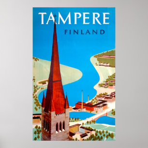 Tampere, city and bay, Finland, vintage travel Poster