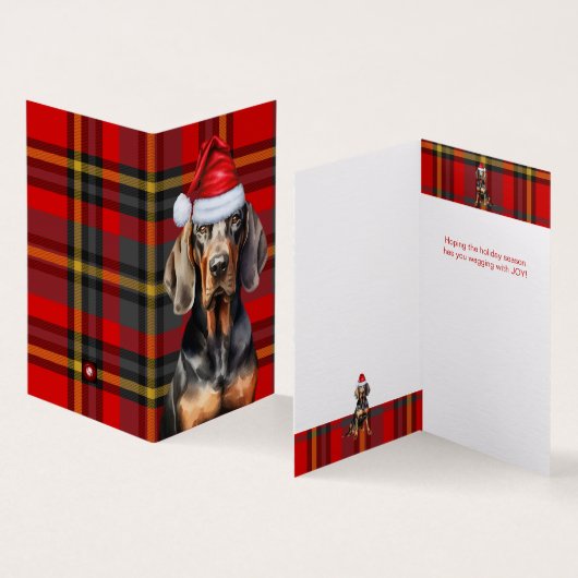 Tan and Black Coonhound Red Kariert Holiday Card (Innenseite und Außenseite)