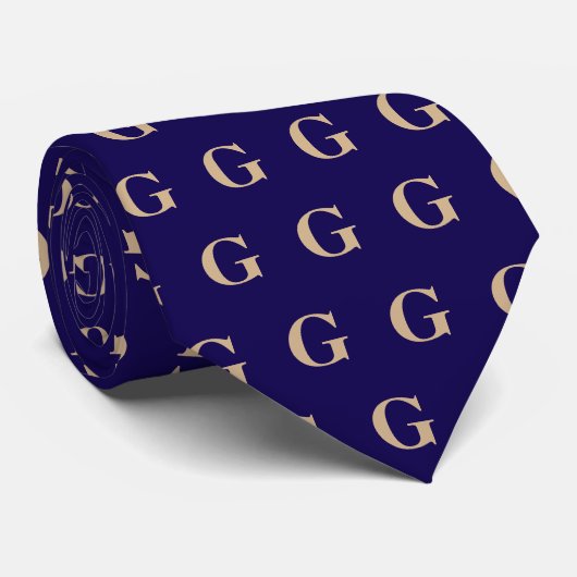 Tan and Dark Blue Monogram Pattern Krawatte (Gerollt)