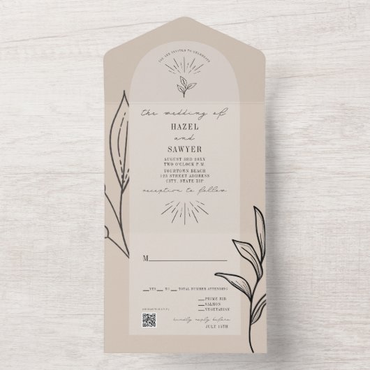 Tan Arch Wedding RSVP QR alle in einer Einladung (Innen Boden)