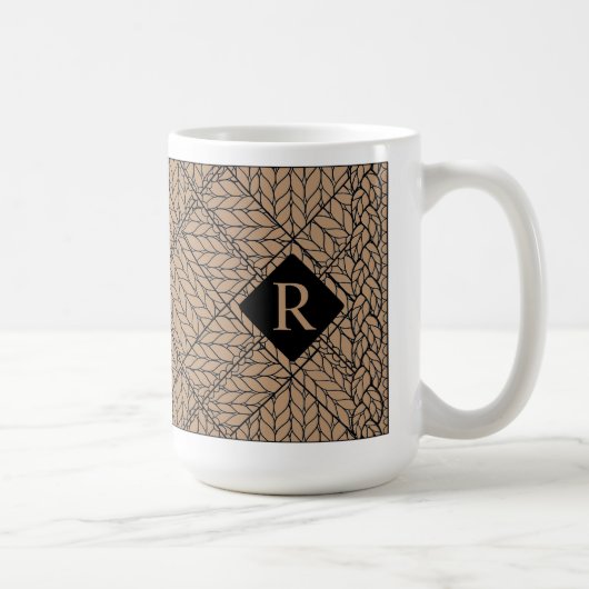 TAN ARGYLE STRICKWARE HOHE WEIßE TASSE + INITIALE (Rechts)
