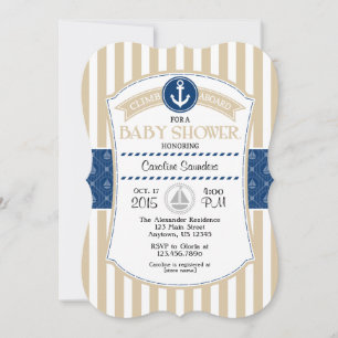 Tan Beige Blue Nautical Baby Shower Einladung