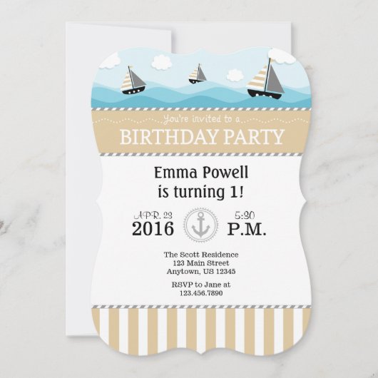 Tan Beige Blue Nautical Birthday Einladung (Vorderseite)