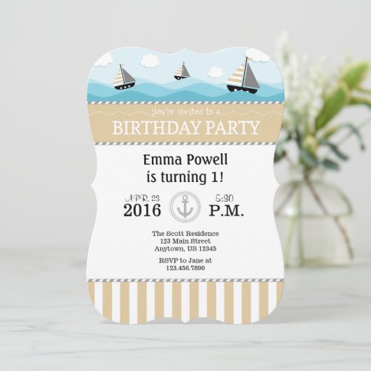Tan Beige Blue Nautical Birthday Einladung (Stehend Vorderseite)