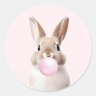 Tan Beige Bunny Blows Pink Bubble Gum Runder Aufkleber