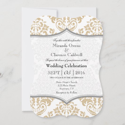 Tan Beige Gray Damask Bracket Wedite Einladung (Vorderseite)