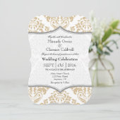 Tan Beige Gray Damask Bracket Wedite Einladung (Stehend Vorderseite)