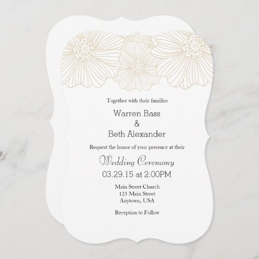 Tan Beige Mod Blume Konturen Hochzeiten Einladunge Einladung (Vorne/Hinten)
