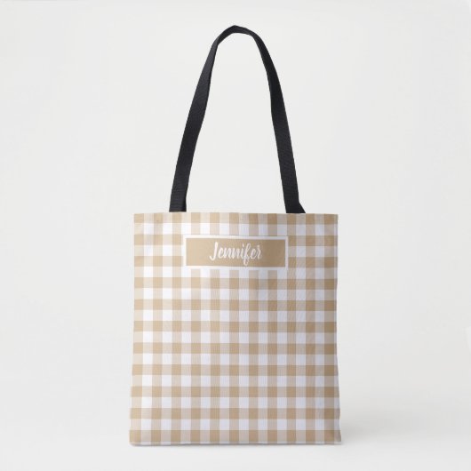 Tan Beige Plaid Gingham Personalized Tasche (Vorderseite)