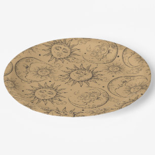 Tan Beige Vintag Celestial Sun Moon Stars Party Pappteller
