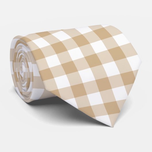 Tan Beige White Gingham Plaid Neck Tie Krawatte (Gerollt)