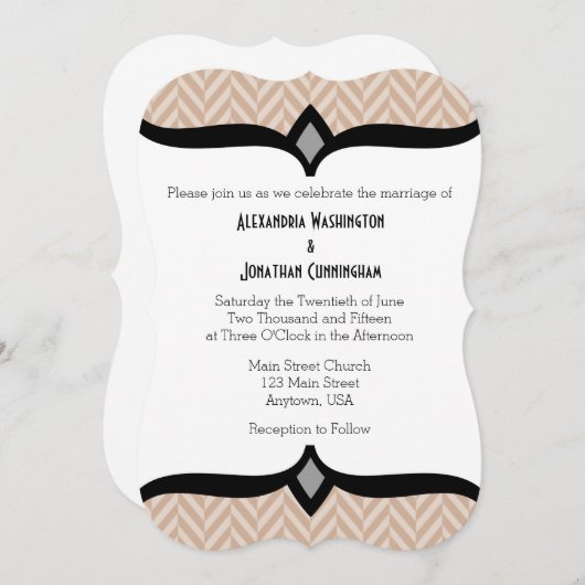 Tan Beige White Herringbone Wedding Einladung (Vorne/Hinten)