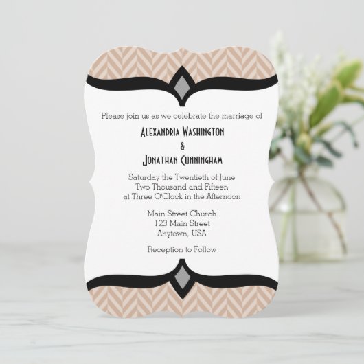 Tan Beige White Herringbone Wedding Einladung (Stehend Vorderseite)