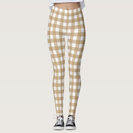 Tan Beige Women's Fashion Gingham Leggings (Vorderseite)