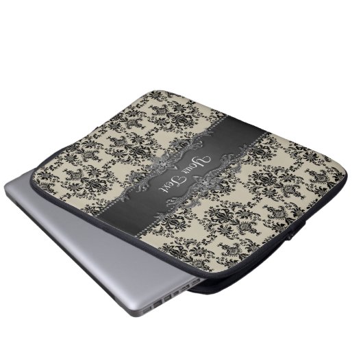 Tan Black Damask Personalisierter Laptop-Sieb Laptopschutzhülle (Vorne Knopf)