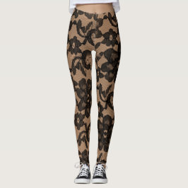Tan & Black Elegante Imitate Spitzen Spandex Leggi Leggings