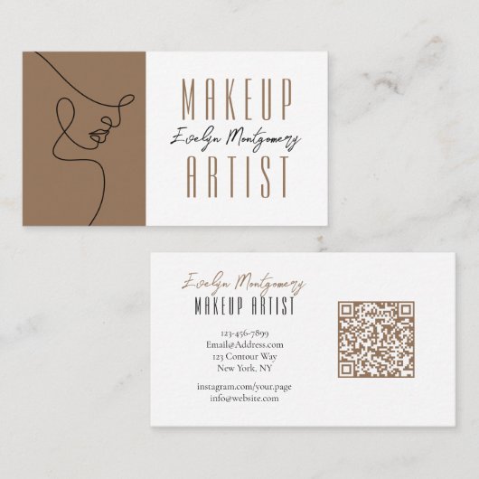 Tan Black QR Code Script Makeup Business Card Visitenkarte (Vorne/Hinten)
